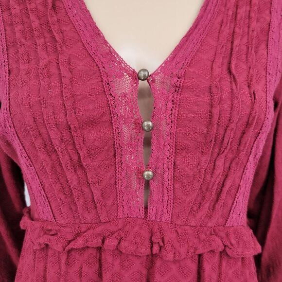 Coco + Jaimeson Maroon Pintuck Lace Detail Long Sleeve Boho Midi Dress - Picture 3 of 13